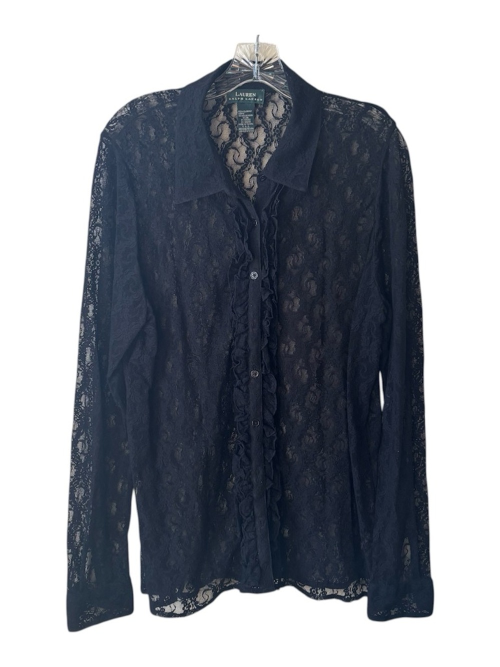 Lauren Ralph Lauren Black Sheer Lace Ruffle-Front Blouse
